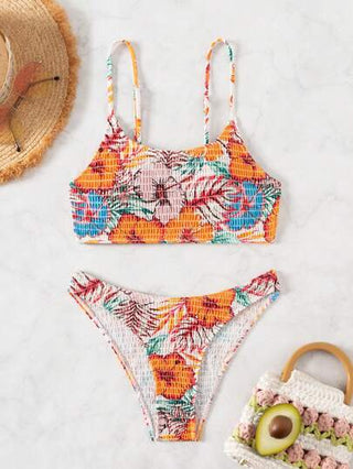 Swim مجموعة بيكيني جذابة بطبعة نباتات استوائية ومطبوعة عشوائية بأكمام مدفوعة للنساء في فصل الصيف على الشاطئ