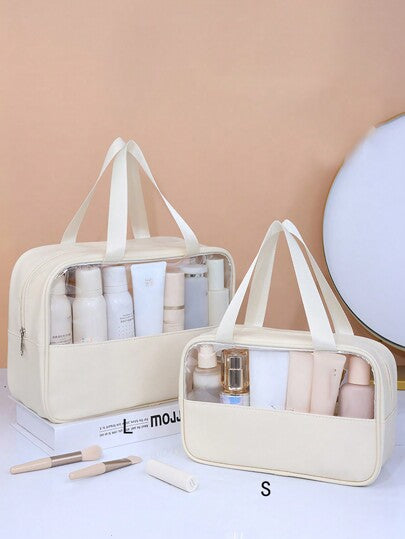 حقيبة غسل شفافة مصنوعة من الجلد PU اللون البيج بسحاب محمولة ومقاومة للماء , نظام تنظيم حمامات سفر سعة كبيرة متعدد الاستخدامات بي في سي شفاف لتخزين مواد التجميل والمستلزمات الشخصية وأدوات السباحة والبدل وملابس اللياقة البدنية  بتصميم استوائي للرجال والنساء