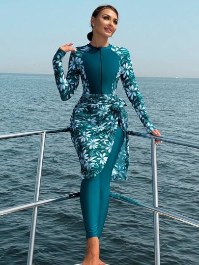 مايوه حريمي قطعة واحدة Swim Mulvari بدلة سباحة نسائية قطعة واحدة، لاسلكية، طباعة عشوائية، مجموعة مكونة من ثلاث قطع، دمج موحد اللون مع زهور، تحفظية، مع شورت وتنورة من الشبك، صيفية