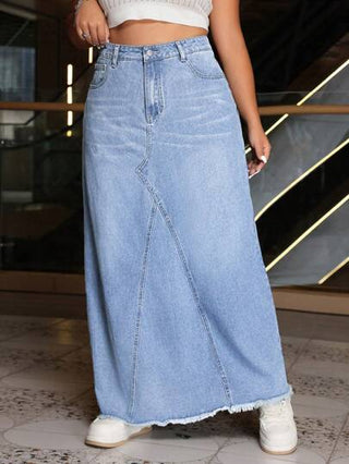 EZwear تنورة جينز طويلة عارضة بخياطة المحاور الذائبة بحجم كبير، ربيع / صيف