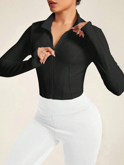 Sport Studio جاكيت رياضية عارضة نسائية بأكمام طويلة ومقاس ضيق بلون سادة للنشاطات الرياضية وللإرتداء اليومي