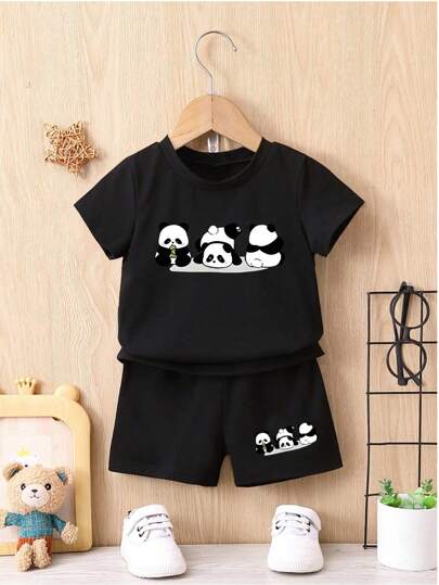 2 حبة بدلة بنمط طباعة الباندا الكاجوال للأطفال الصبيان، مناسبة للارتداء اليومي والأنشطة الخارجية، طقم أطفال صيفي