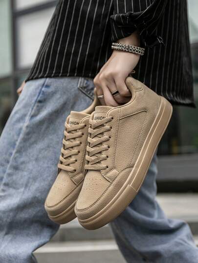 حذاء تزلج بكعب مسطح للرجال برباط أنيق لون كاكي مع بلوكات , حذاء كاجوال خارجي بمقدمة مستديرة