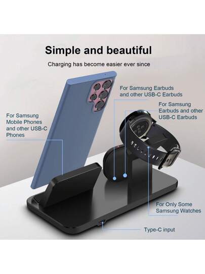 محطة شحن سريعة من النوع USB C متوافقة مع هواتف سامسونج والساعات والسماعات اللاسلكية، شاحن لاسلكي ثلاثي الاستخدام متوافق مع ساعات جالكسي واتش 7/6/5/برو/4/3/أكتيف 2/1 وهواتف جالكسي S25/S24/S23/S22/21/20 وجالكسي نوت 20/10 وجالكسي زد فولد/فليب 6/5/4 والسماعات