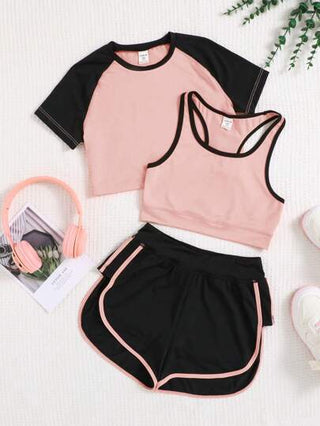 SHEIN طقم رياضي لفتيات البلوغ تتكون من : تي شيرت منسوج بأكمام قصيرة وعنق على شكل U و بلوك الألوان، ملابس علوية داخلي بلا أكمام وشورت - 3قطع