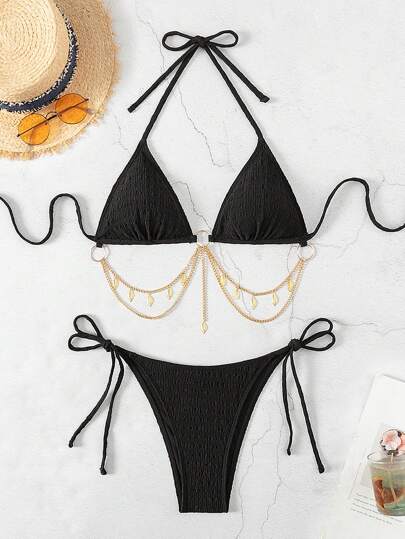 SHEIN Swim مجموعة بيكيني مثيرة للنساء برباط عنق وحيد بلون سادة، ملابس سباحة للشاطئ الصيفي