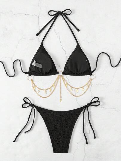 SHEIN Swim مجموعة بيكيني مثيرة للنساء برباط عنق وحيد بلون سادة، ملابس سباحة للشاطئ الصيفي