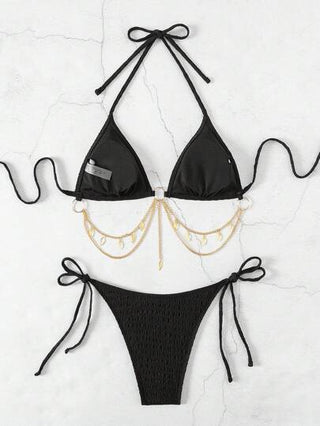 SHEIN Swim مجموعة بيكيني مثيرة للنساء برباط عنق وحيد بلون سادة، ملابس سباحة للشاطئ الصيفي