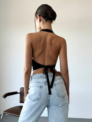 EZwear سترة صيفية نسائية ذات حمالات عنق خلفية بلا أكمام بلون سادة وظهر مكشوف