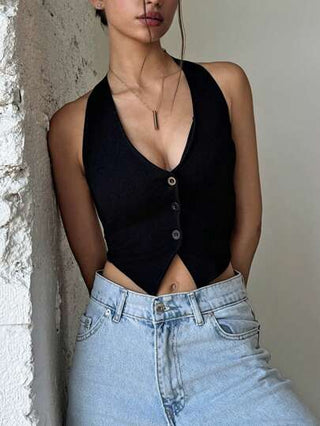 EZwear سترة صيفية نسائية ذات حمالات عنق خلفية بلا أكمام بلون سادة وظهر مكشوف