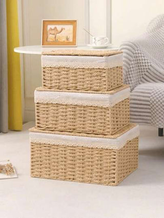 1 قطعة/3 قطع سلة تخزين مضفرة مع غطاء لسطح المكتب، صندوق تخزين وجبات خفيفة مصنوع يدويًا، صندوق تخزين ألعاب للغرفة المعيشية، صندوق تخزين المفاتيح والأدوات المتنوعة، منظم تخزين المستحضرات ، حلول التنظيم والتخزين المنزلي للمطبخ والحمام والغرفة والغرفة...