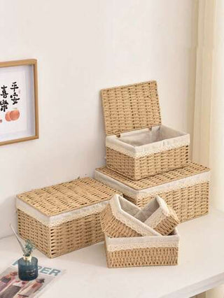1 قطعة/3 قطع سلة تخزين مضفرة مع غطاء لسطح المكتب، صندوق تخزين وجبات خفيفة مصنوع يدويًا، صندوق تخزين ألعاب للغرفة المعيشية، صندوق تخزين المفاتيح والأدوات المتنوعة، منظم تخزين المستحضرات ، حلول التنظيم والتخزين المنزلي للمطبخ والحمام والغرفة والغرفة...