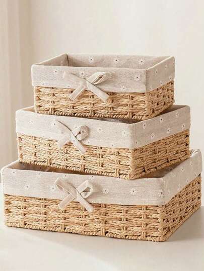1 قطعة/3 قطع سلة تخزين مضفرة مع غطاء لسطح المكتب، صندوق تخزين وجبات خفيفة مصنوع يدويًا، صندوق تخزين ألعاب للغرفة المعيشية، صندوق تخزين المفاتيح والأدوات المتنوعة، منظم تخزين المستحضرات ، حلول التنظيم والتخزين المنزلي للمطبخ والحمام والغرفة والغرفة...