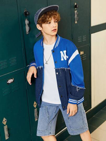 SHEIN جاكيت بيسبول عارض لولد في الفترة الانتقالية بعمر العشر سنوات، بتصميم ملون