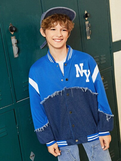 SHEIN جاكيت بيسبول عارض لولد في الفترة الانتقالية بعمر العشر سنوات، بتصميم ملون