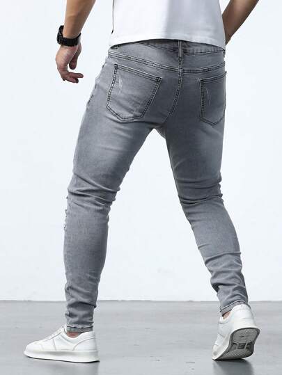 Manfinity Homme بنطلون جينز رجالي جينز ممزق ضيق ، تطرف ممشوق طويل مغسول ، شحن قماش سادة لون رمادي فاتح، ملابس عمل وكاجوال ، جينزات زوجية رمادية للرجال - جينزات رجالي ضيقة