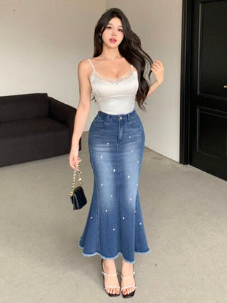 DAZY تنورة جينز نسائية بلون سادة بدرزات معدنية للإستخدام اليومي