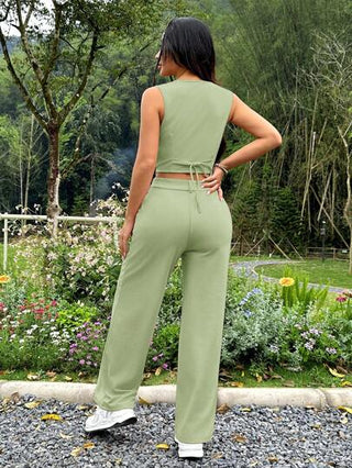 PETITE مجموعة بدلة نسائية بأكمام بدون أكمام وبنطلون طويل بلون سادة للارتداء اليومي، قطعتين