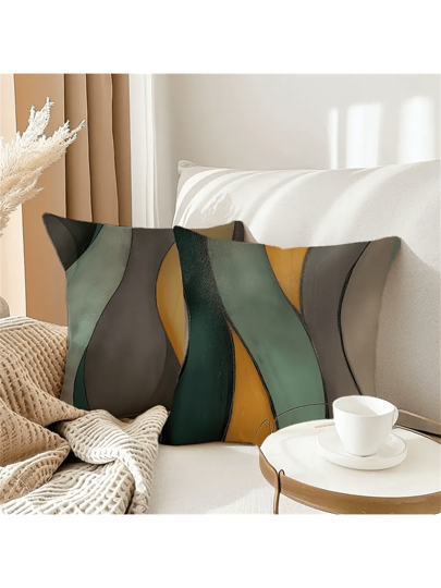 مجموعة أغطية وسائد بتصميم بوهو هندسي رائع 4 قطع، 18x18 بوصة - تصميم حديث مجرد موجات هندسية، مزيج الكتان، سحاب إغلاق - مثالي للأريكة والفناء وديكور المزرعة