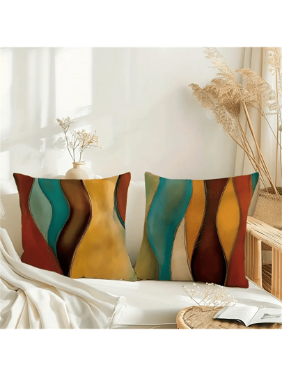 مجموعة أغطية وسائد بتصميم بوهو هندسي رائع 4 قطع، 18x18 بوصة - تصميم حديث مجرد موجات هندسية، مزيج الكتان، سحاب إغلاق - مثالي للأريكة والفناء وديكور المزرعة