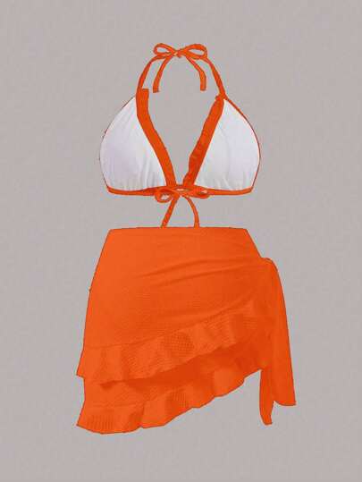 Swim Mod طقم بيكيني يومي باللون البرتقالي الصلب للسيدات بمقاس كبير 3 قطع، يشمل قطعة للتغطية لفصل الصيف على الشاطئ