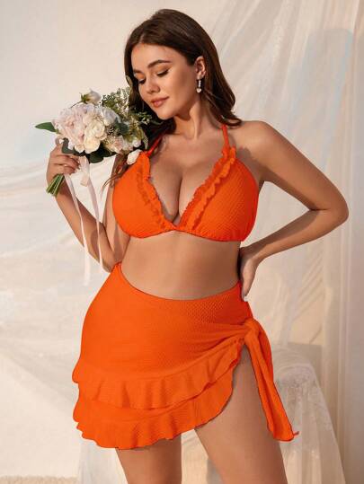 Swim Mod طقم بيكيني يومي باللون البرتقالي الصلب للسيدات بمقاس كبير 3 قطع، يشمل قطعة للتغطية لفصل الصيف على الشاطئ