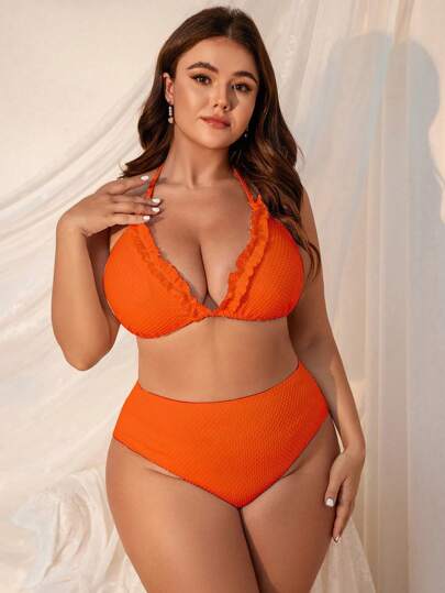 Swim Mod طقم بيكيني يومي باللون البرتقالي الصلب للسيدات بمقاس كبير 3 قطع، يشمل قطعة للتغطية لفصل الصيف على الشاطئ