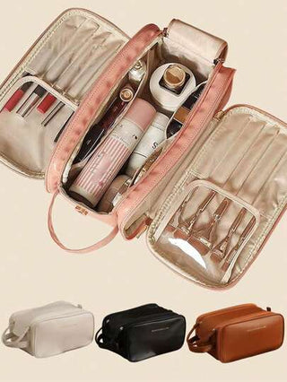 1 حقيبة تجميل وحمام محمولة ذات سعة كبيرة للنساء ، جيوب متعددة للتخزين، محفظة مستحضرات التجميل الفاخرة، حقيبة أدوات تجميل محمولة ذات تصميم جميل مقاومة للماء من جلد PU