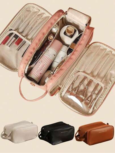 1 حقيبة تجميل وحمام محمولة ذات سعة كبيرة للنساء ، جيوب متعددة للتخزين، محفظة مستحضرات التجميل الفاخرة، حقيبة أدوات تجميل محمولة ذات تصميم جميل مقاومة للماء من جلد PU