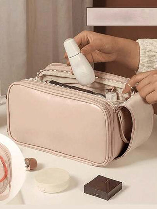 1 حقيبة تجميل وحمام محمولة ذات سعة كبيرة للنساء ، جيوب متعددة للتخزين، محفظة مستحضرات التجميل الفاخرة، حقيبة أدوات تجميل محمولة ذات تصميم جميل مقاومة للماء من جلد PU