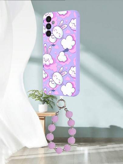 غطاء هاتف مضاد للصدمات مع طباعة أرنب سحابة بنفسجي TPU قطعة واحدة مع سوار كرة بنفسجية فلوفي قطعة واحدة، متوافق مع آيفون/غطاء واقي متوافق مع آيفون/حالة هاتف مضحكة/حالة هاتف أندرويد/حالة هاتف سامسونج/حالة هاتف شاومي/حالة هاتف أوبو/متوافق مع آيفون 15 برو ماكس