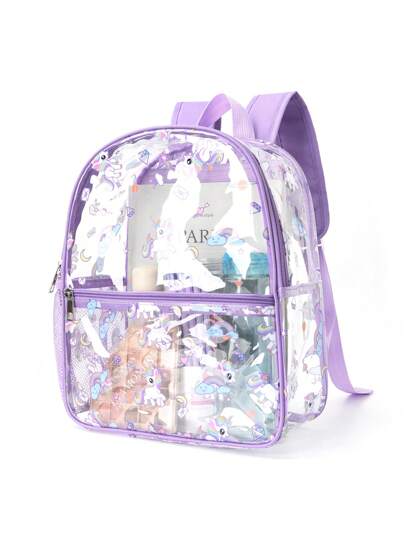 حقيبة ظهر لطيفة ومضحكة مطبوع عليها وحش وردي بمادة بي في سي للأطفال قطعة واحدة، مقاومة للماء مع حقيبة شبكية جانبية، مناسبة للسفر و المدرسة، مناسبة للاستخدام اليومي و كهدية عيد جميلة