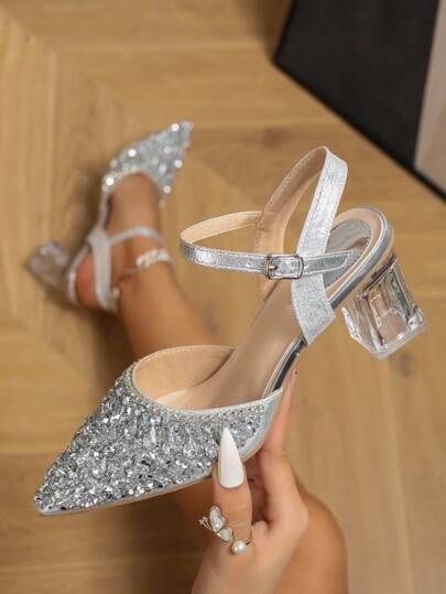 أحذية نسائية مسطحة ذات لون أحادي، أصبع قدم مدبب، مرصعة بالألماس، مريحة وبديلة، أنيقة، ذات كعب سميك، إصبع قدم مغلق، رباط خلفي، مناسبة للحفلات والرقص والنوادي الليلية وحفلات الزفاف