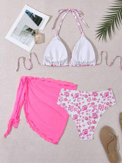 Swim Mod طقم بكيني للنساء ذوات الحجم الكبير 3 قطع، طباعة عشوائية، طراز بسيط للاستخدام اليومي في الصيف والشاطئ