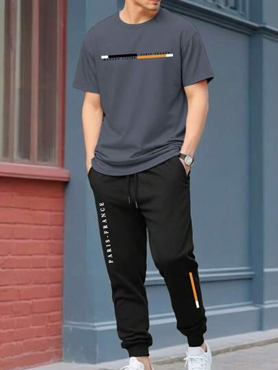 Manfinity Homme مجموعة صيفية عبارة عن تي شيرت رجالي مطبوع بأكمام قصيرة وسروال طويل بخصر قابل للشد للارتداء العادي