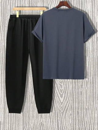 Manfinity Homme مجموعة صيفية عبارة عن تي شيرت رجالي مطبوع بأكمام قصيرة وسروال طويل بخصر قابل للشد للارتداء العادي