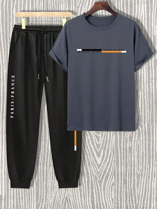 Manfinity Homme مجموعة صيفية عبارة عن تي شيرت رجالي مطبوع بأكمام قصيرة وسروال طويل بخصر قابل للشد للارتداء العادي