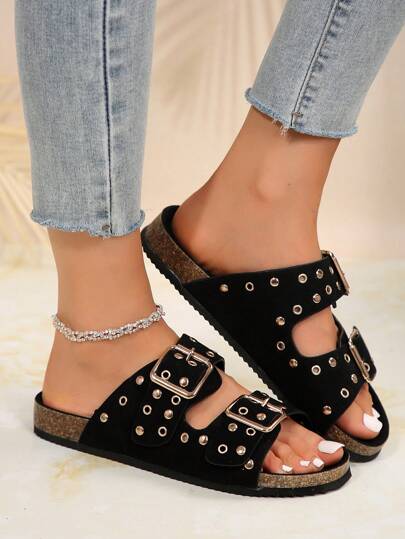 صنادل نسائية بمقاس زائد عتيقة مع إبزيم سميك و نعل عريض ، شبشب عاري الأصابع عاري الصيف مسطح