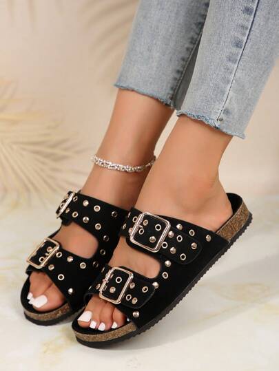 صنادل نسائية بمقاس زائد عتيقة مع إبزيم سميك و نعل عريض ، شبشب عاري الأصابع عاري الصيف مسطح