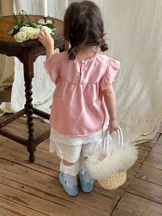 Vintaside Kids تي شيرت بأكمام كاب وردي رائع للفتيات، ملابس الأطفال الصيفية، تي شيرت أميرة مفرغة مع تنورة كيك من الدانتيل الوردي وشورت