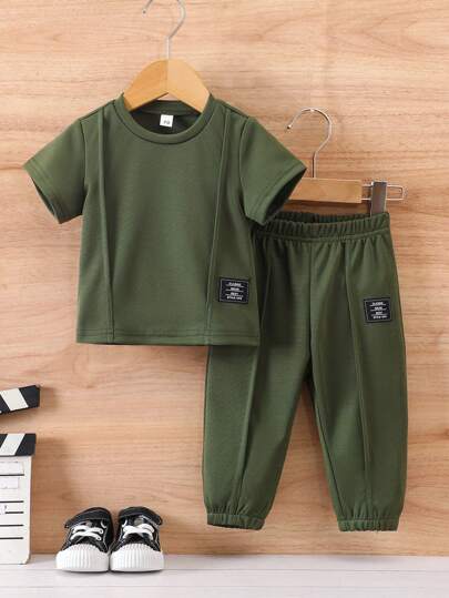 مجموعة قطعتين ملابس صيفية على الطراز الأوروبي والأمريكي للأولاد من عمر 0-3 سنوات، بلوزة كم قصير وبنطال طويل