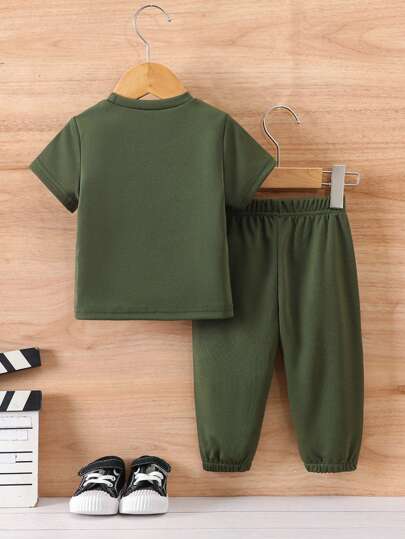 مجموعة قطعتين ملابس صيفية على الطراز الأوروبي والأمريكي للأولاد من عمر 0-3 سنوات، بلوزة كم قصير وبنطال طويل