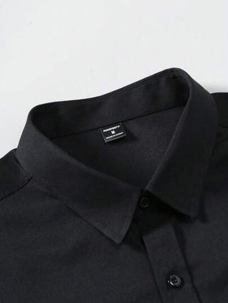 Manfinity Mode قميص رجالي أكمام طويلة لون أحادي مناسب للأعمال اليومية والسفر (بدون علامة تجارية)، قميص رجالي أسود رسمي، قميص رجالي أسود سادة، للخريف