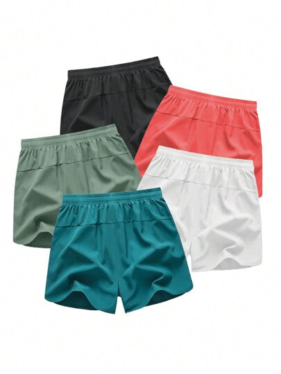5قطع/عبوة سراويل قصيرة كاجوال للشاطئ ذات خصر بحبل للرجال، لون أحادي، صيفي