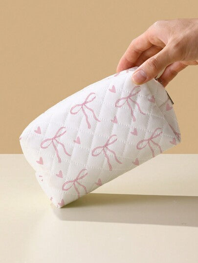 ROMWE Kawaii حقيبة تجميل من الفلانيل الزهرية بنمط القوس المثلث الدائري اللطيف قطعة واحدة