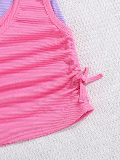 طقم مؤلف من 4 قطع، ملابس علوية دون أكمام مريح ملون محبوك للفتيات