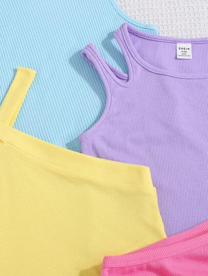 طقم مؤلف من 4 قطع، ملابس علوية دون أكمام مريح ملون محبوك للفتيات