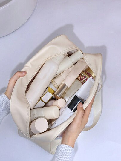 حقيبة غسل شفافة مصنوعة من الجلد PU اللون البيج بسحاب محمولة ومقاومة للماء , نظام تنظيم حمامات سفر سعة كبيرة متعدد الاستخدامات بي في سي شفاف لتخزين مواد التجميل والمستلزمات الشخصية وأدوات السباحة والبدل وملابس اللياقة البدنية  بتصميم استوائي للرجال والنساء