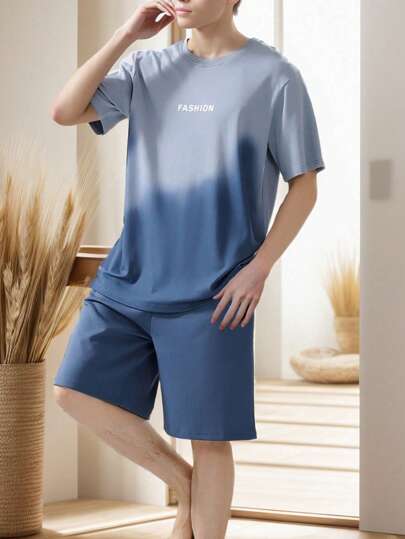 مجموعة بيجاما رجالية للصيف ، تي شيرت بياقة دائرية وسراويل قصيرة بأكمام قصيرة ، ملابس منزلية عارضة مطبوعة