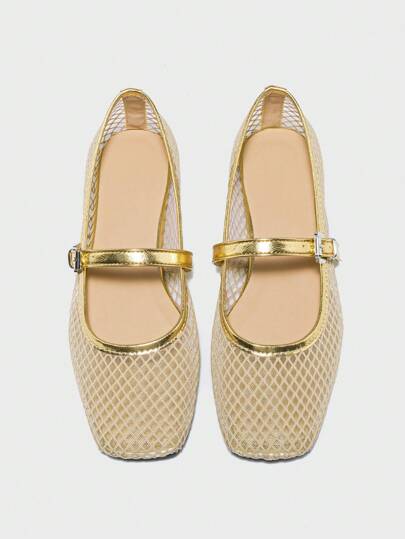 شقق باليه جديدة للنساء، حذاء مسطح بمقدمة مربعة للربيع، حذاء سهل اللون للصيف والربيع مريح المنفس، أنيق ومريح، باللون الذهبيرمضان